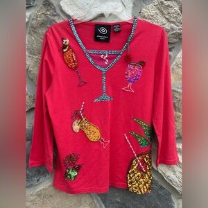 Michael Simon Event Shirt Size M Pink Tropical Vacation Sequins Resort